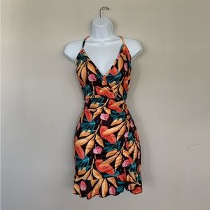 SHEIN Brown Tropical Leaf Print Ruched Mini Dress Size L